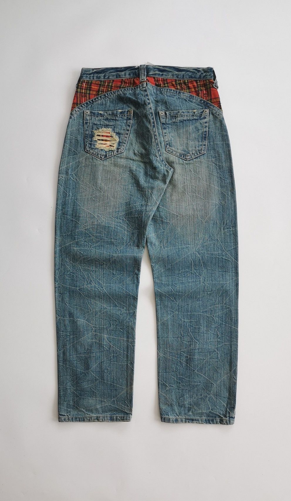 Seditionaries Skull Red Tartan Patchwork Tapered Denim Jeans Size US 30 / EU 46 - 6 Thumbnail