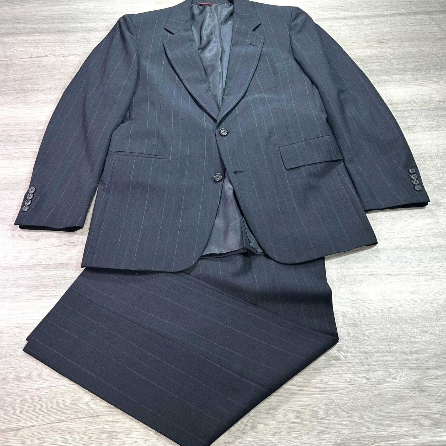 Hart Schaffner Marx VINTAGE Hart Schaffner & Marx Suit Mens 44R 36x31 Pinstripe Blue Charcoal 2 Piece 1990s Mens Size 44R - 2 Thumbnail