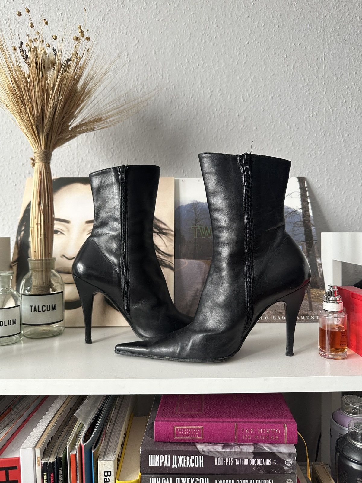 Vintage Sexy Classy Pointed Toe Leather Heels Black Boots 90s Size US 8.5 / IT 38.5 - 3 Thumbnail