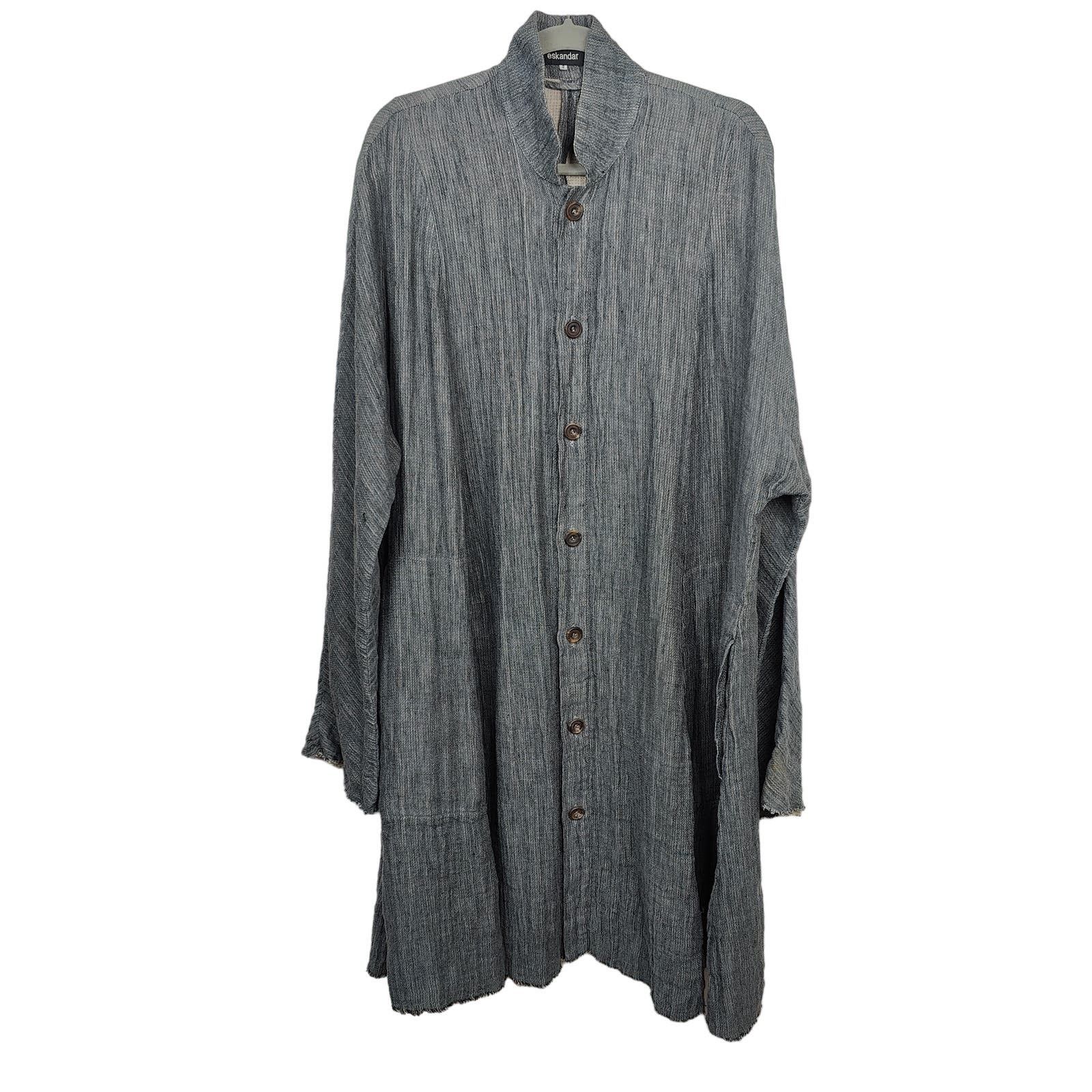 image of Eskandar Linen Mandarin Jacket Womens 2 14-16 Blue Gray in Grey (Size 2XL)