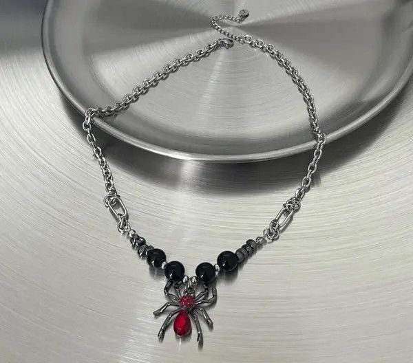 Jewelry Spider Pendant Choker Necklace with Red Gem Size ONE SIZE - 4 Thumbnail