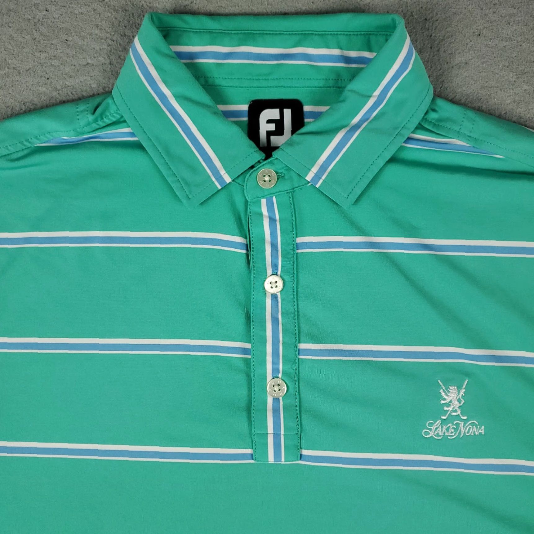 Footjoy FJ Polo Shirt Mens L Turquoise Blue Striped Short Sleeve Button Collar Logo Casual Golf Shirt Mens Size US L / EU 52-54 / 3 - 2 Thumbnail