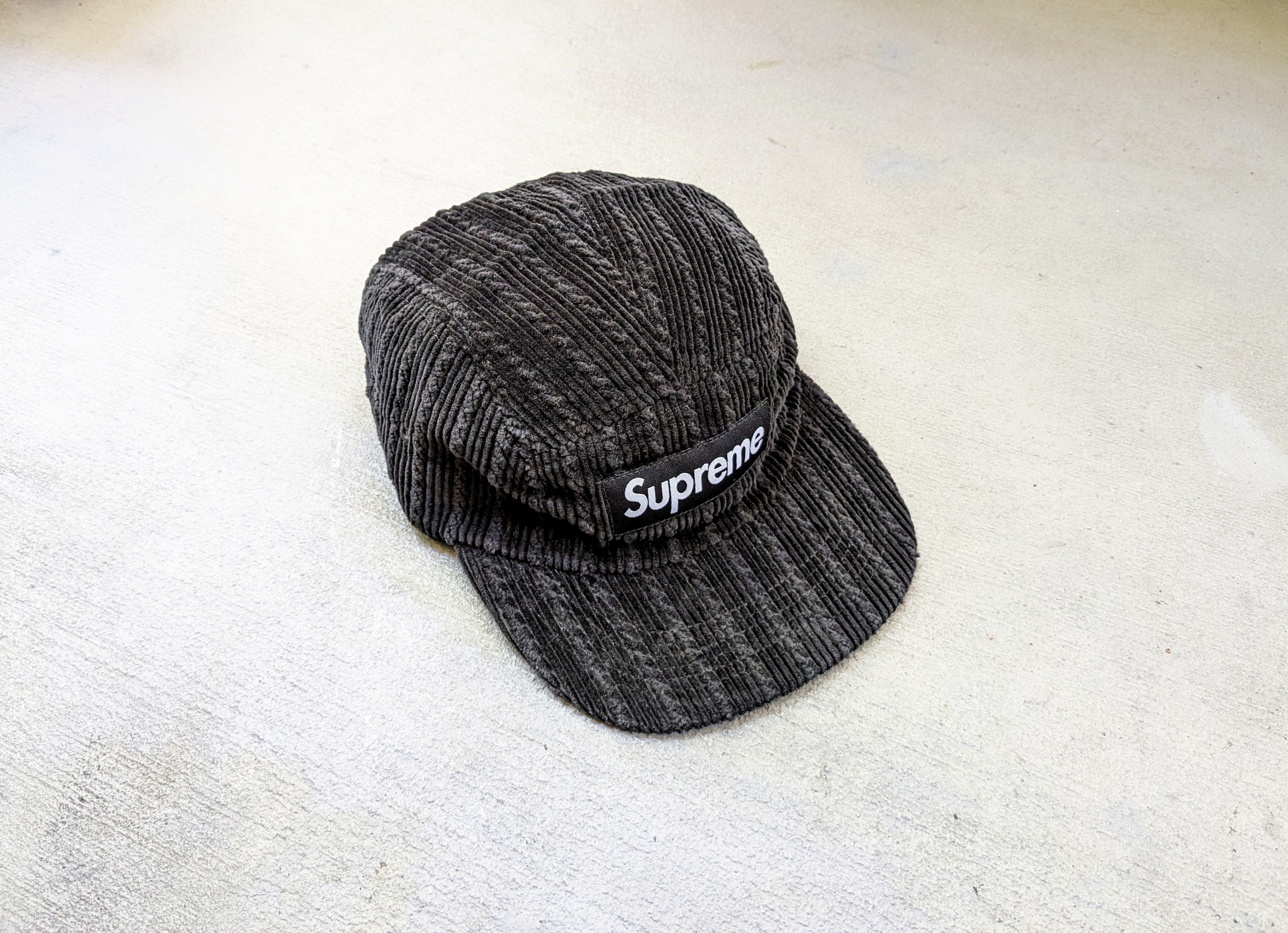 image of Supreme Rope Corduroy Camp Cap Black Hat 5 Panel Velour Bogo, Men's