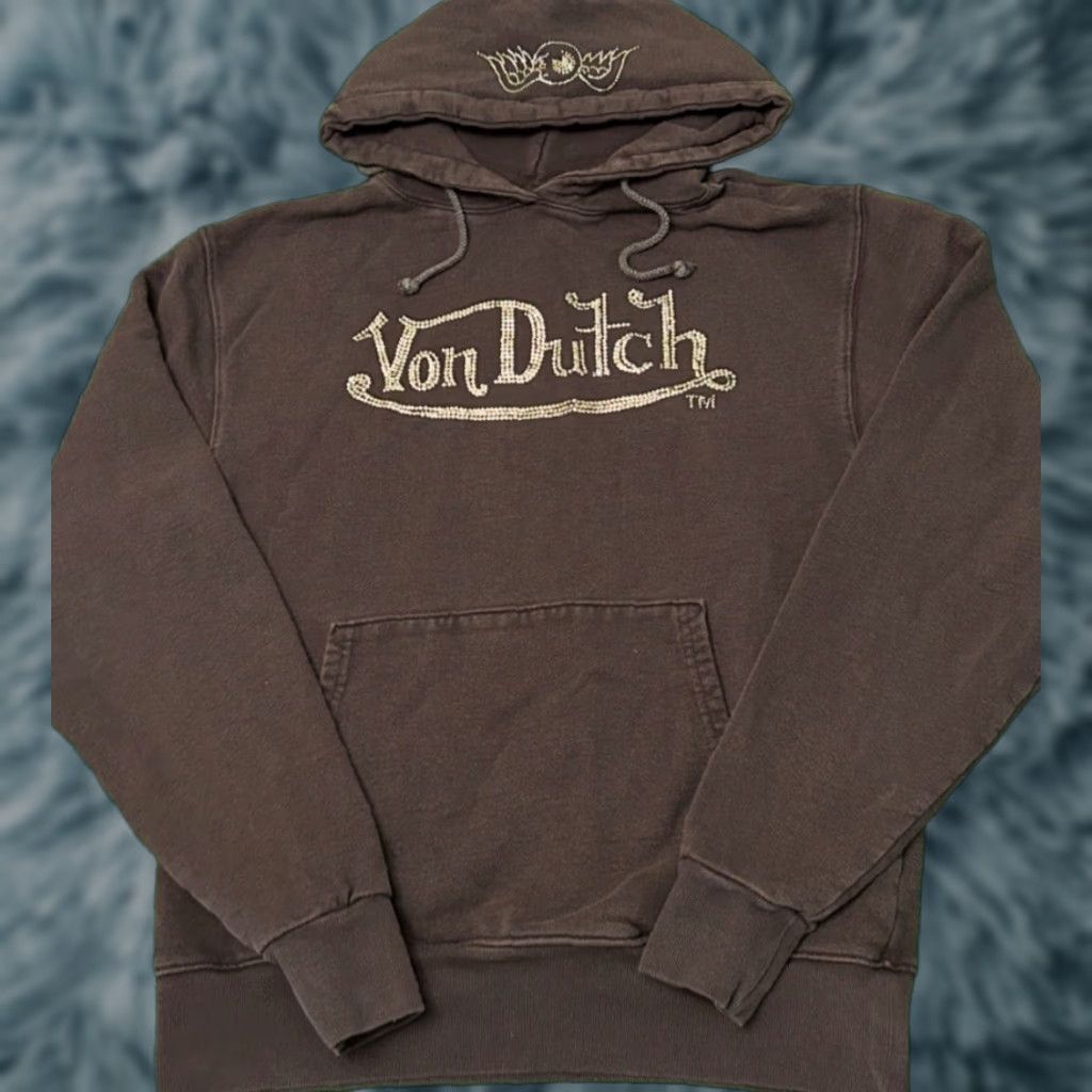 VINTAGE Von Dutch Hoodie Pullover Logo Rhinestone VTG 90s Y2K Black M Mens USA