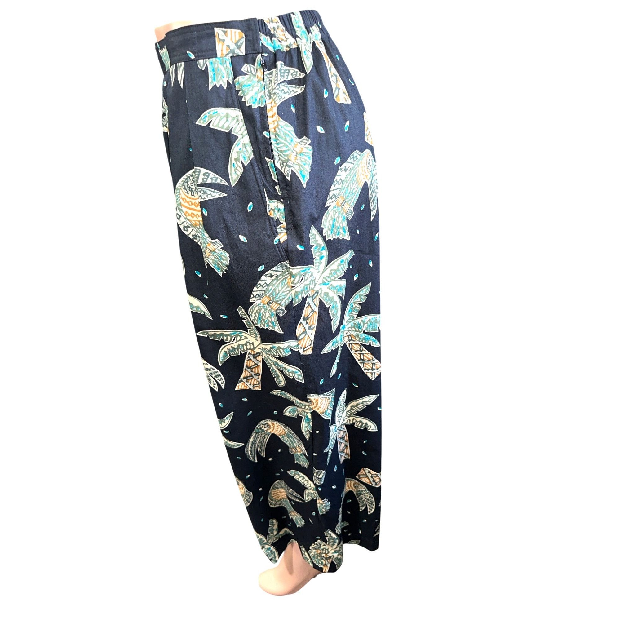Other CCC Vintage Boho Black Wide Leg Pants With Leaf Print Elasti Size 26" / US 2 / IT 38 - 4 Thumbnail