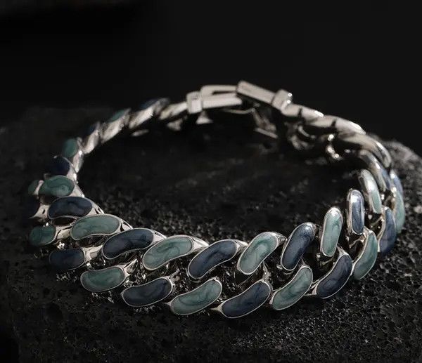 Jewelry Silver Blue Chain Link Bracelet, Chunky Metal Bracelet Size ONE SIZE - 8 Thumbnail