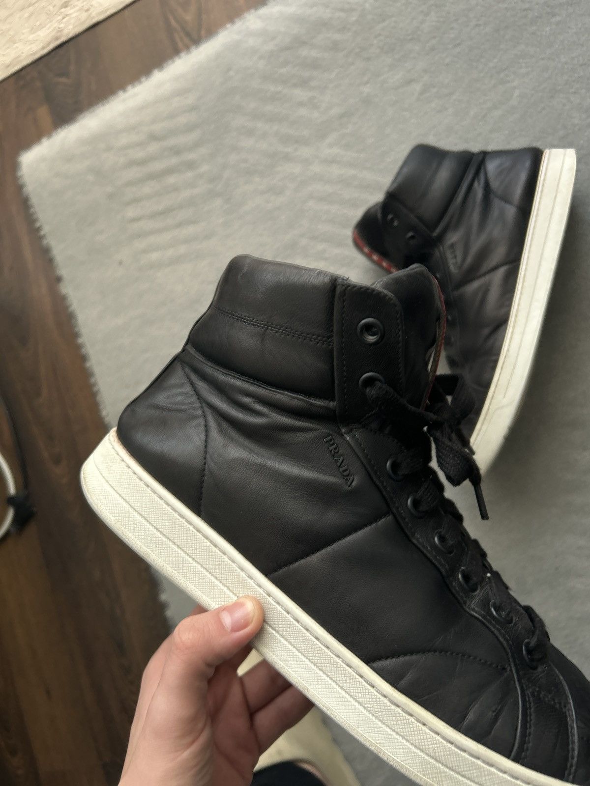 Prada Prada 4T2596 dark blue high top leather sneakers Linea Rossa Size US 11.5 / EU 44-45 - 6 Thumbnail