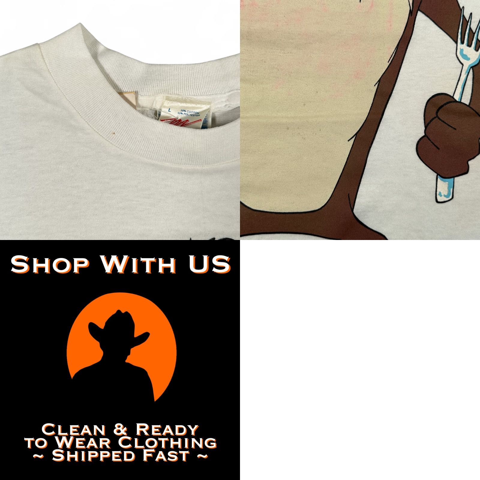 Vintage VINTAGE Looney Tunes Shirt Adult MEDIUM White Taz Cartoon TV Feed Me USA 80s Size US M / EU 48-50 / 2 - 8 Thumbnail