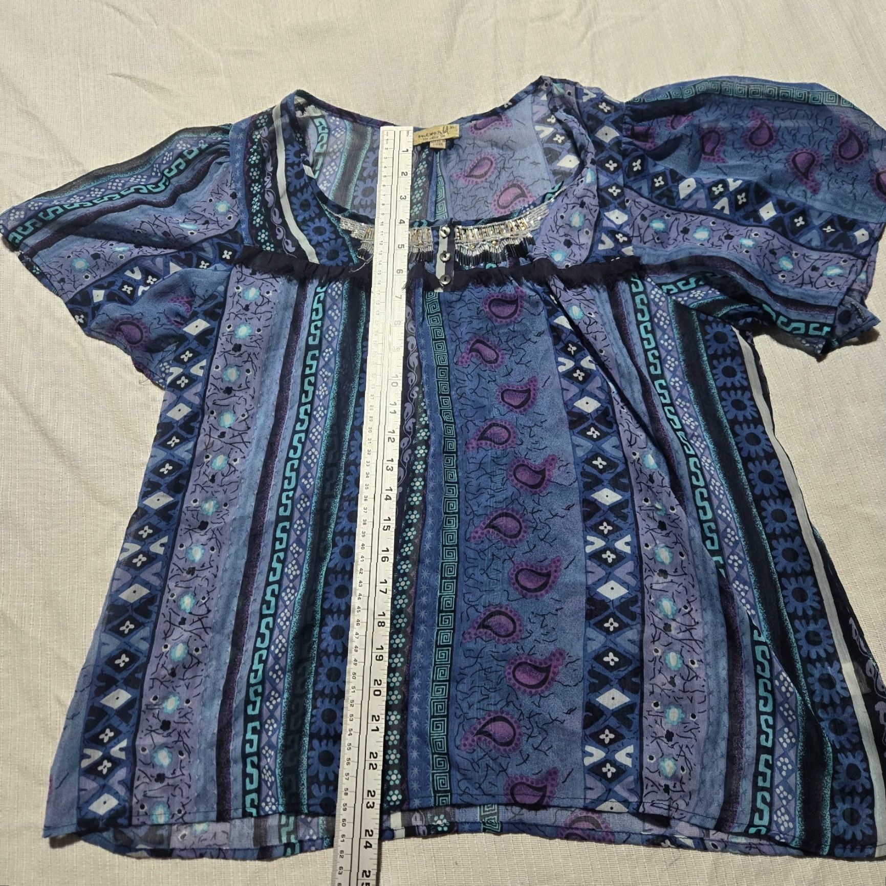 Vintage VINTAGE One World Shirt Women XL Blue Paisley Sheer Short Sleeve Blouse Women's Size XL / US 12-14 / IT 48-50 - 7 Thumbnail