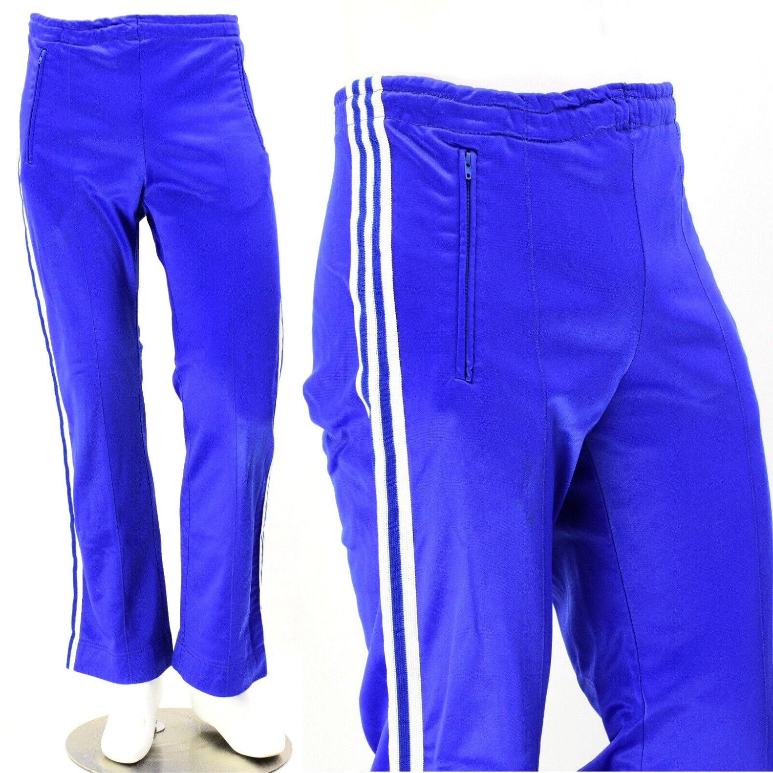 image of 60S Vintage Adidas Track Pants Mens M Bright Blue Drawstring Waist Made In Usa in White (Size 31)