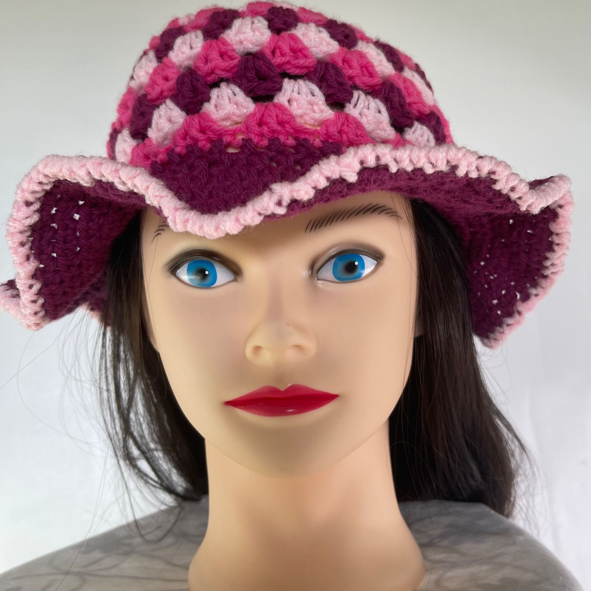 Handmade Crochet Bucket Hat Granny Square Pattern Burgundy and Pinks Size ONE SIZE - 1 Thumbnail
