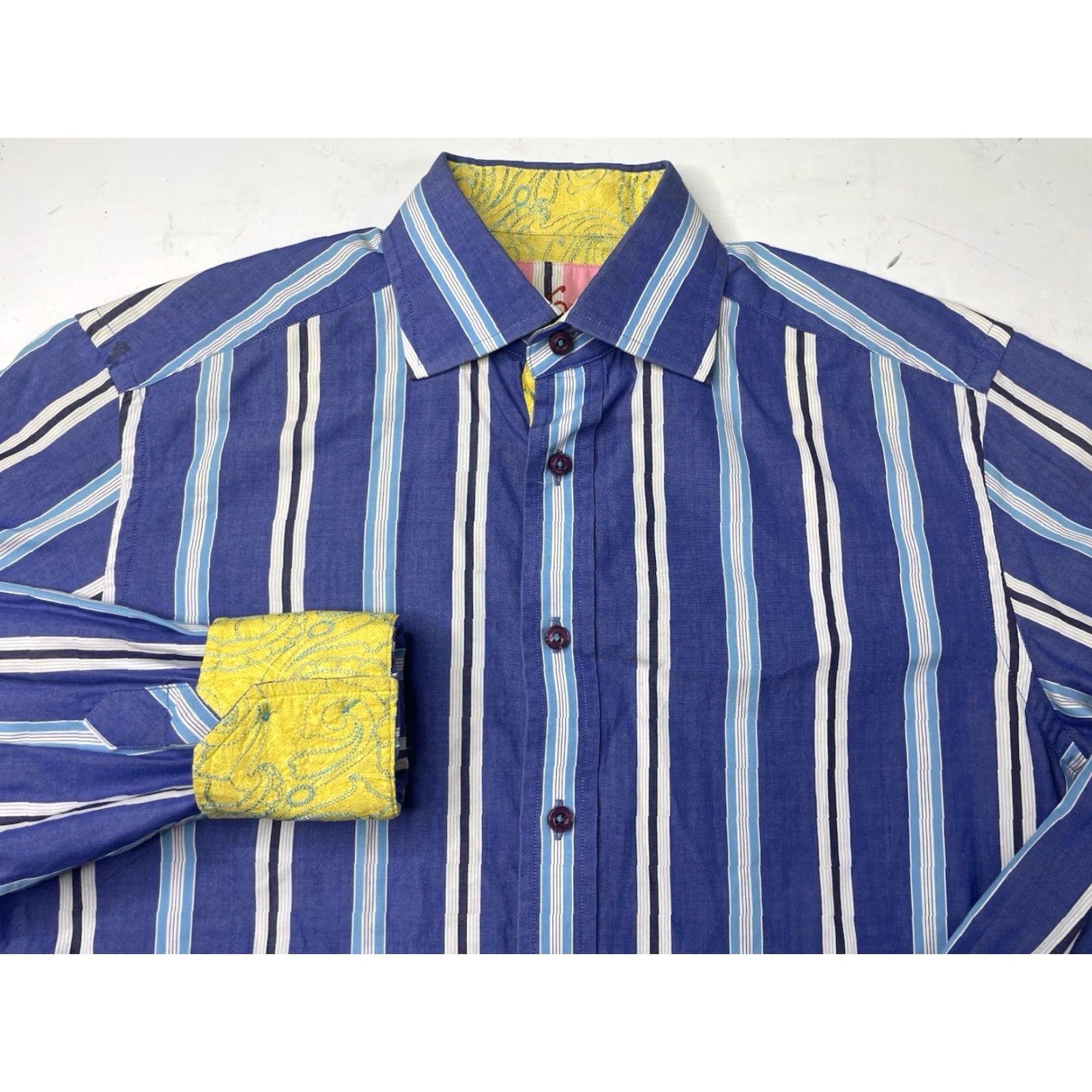 Robert Graham Robert Graham Mens M Shirt Button Up Blue Striped Yellow Paisley Flip Cuffs Size US M / EU 48-50 / 2 - 2 Thumbnail