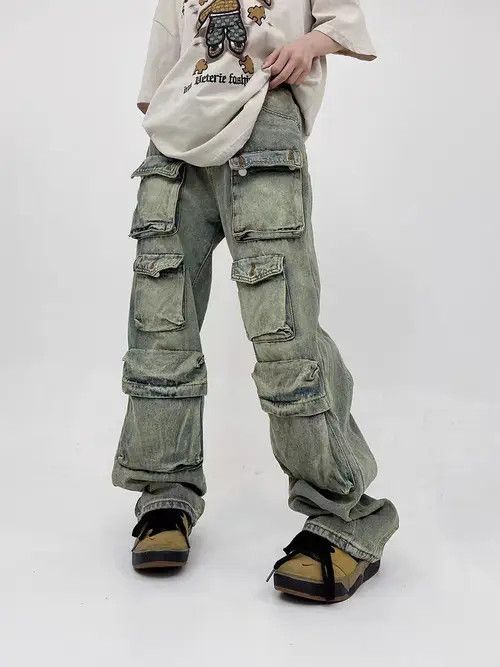 VIBE Retro yellow mud-dyed washed distressed multi-pocket jeans Size US 32 / EU 48 - 1 Thumbnail