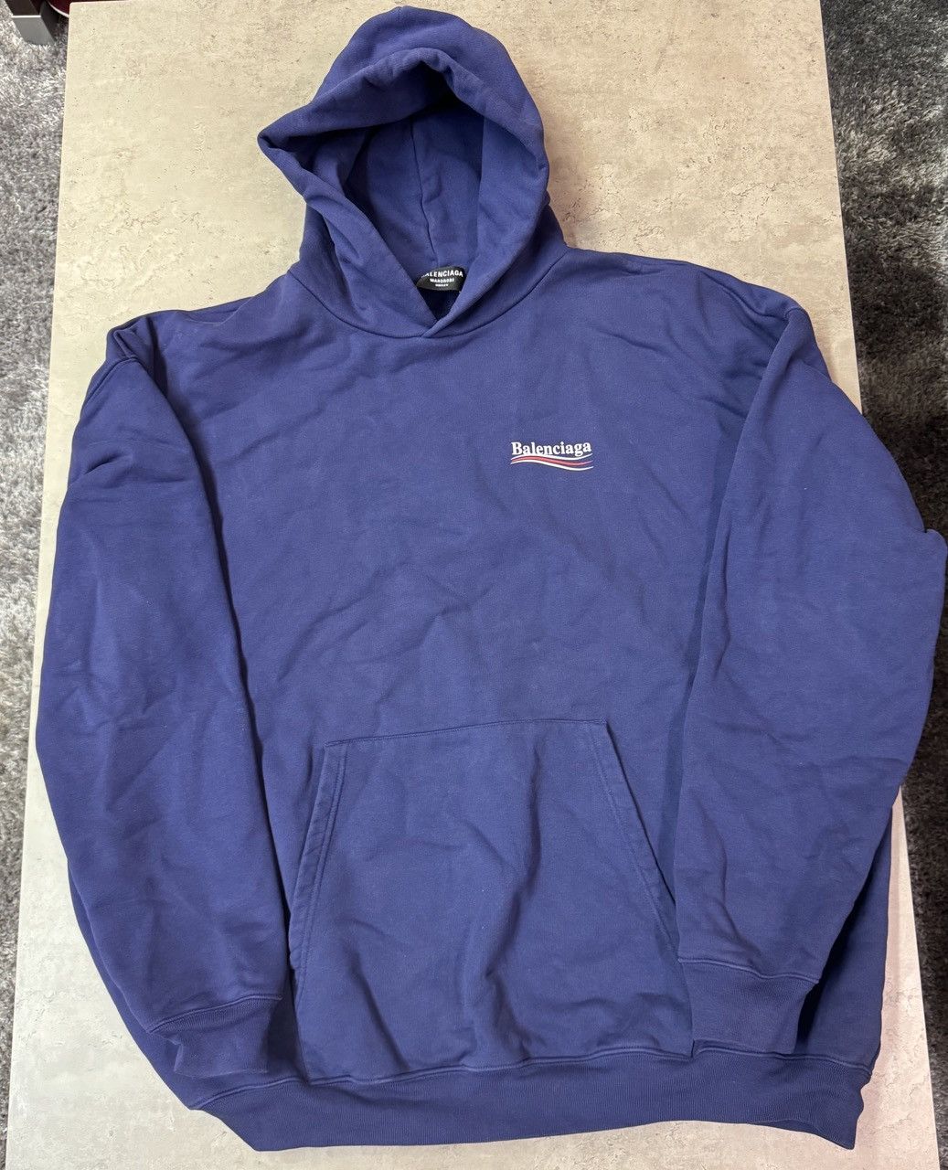 image of Balenciaga Oversized Distressed Logo Hoodie in Blue, Men's (Size XS)