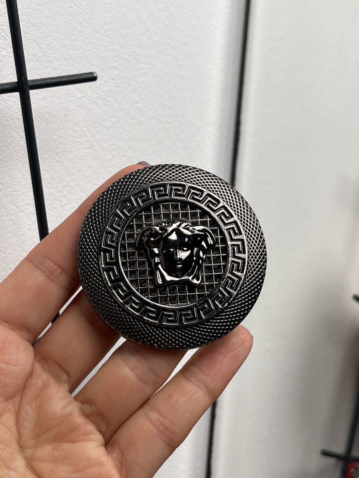image of Versace Medusa Greek Key Round Buckle in Grey, Women's