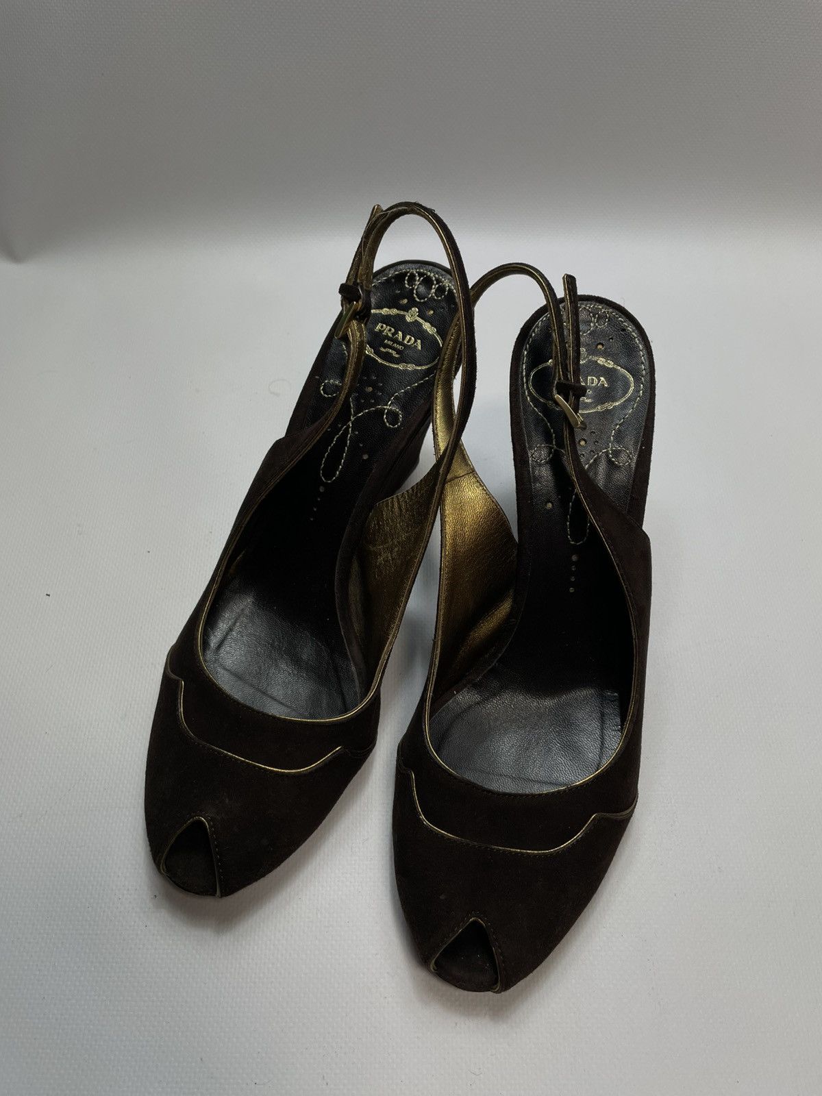 Prada Prada Milano Suede Peep Toe Wedge Heels - Size 39 Size US 9 / IT 39 - 1 Thumbnail