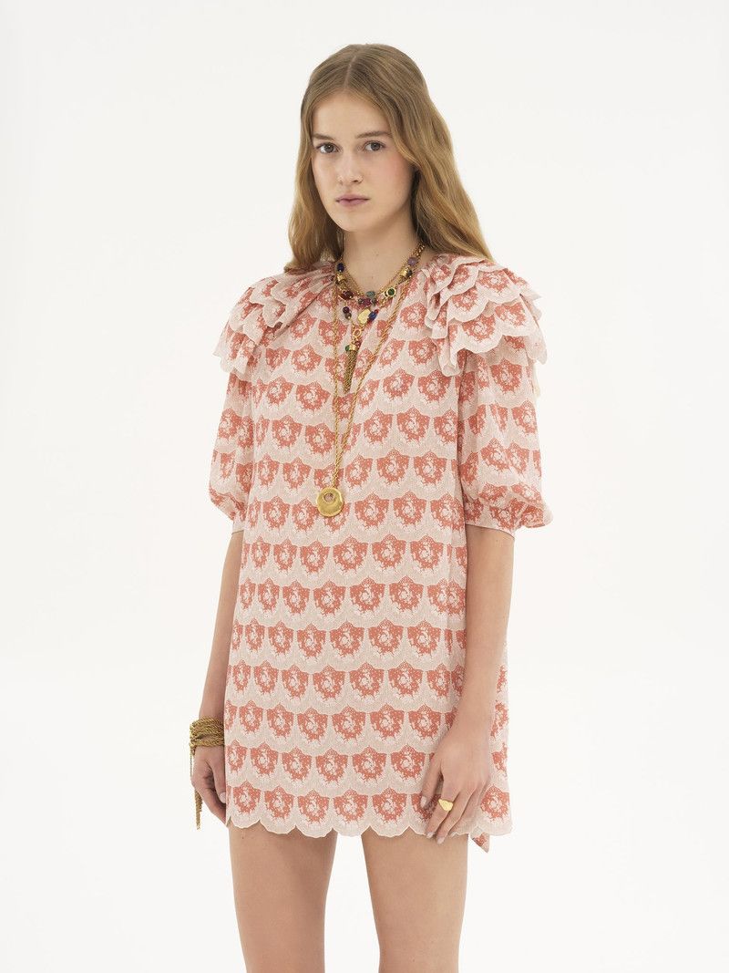 Chloe o1loc1c11125 Puff-sleeve Mini Dress in Beige/Pink Size S / US 4 / IT 40 - 3 Thumbnail