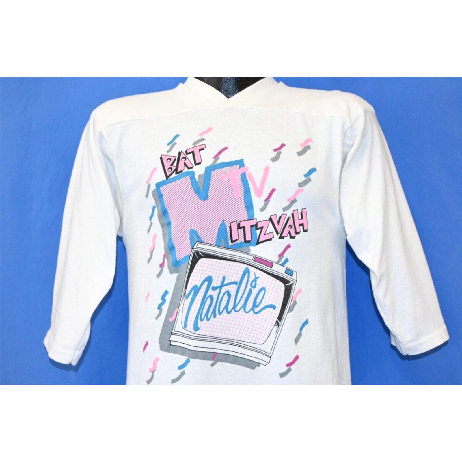 image of Vintage VTG 90's Natalie's Bat Mitzvah Mtv Themed Birthday 3/4 Sleeve V Neck T-Shirt S in White (Si