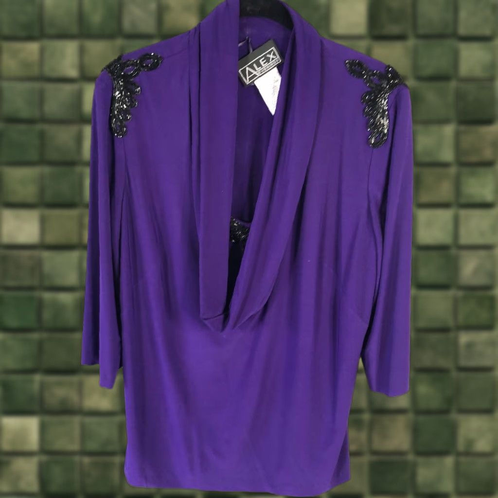Alex Evenings Alex Evenings Top Womens Large Purple Cowl Neck Beaded Shoulder Elegant Blouse Size L / US 10 / IT 46 - 1 Thumbnail