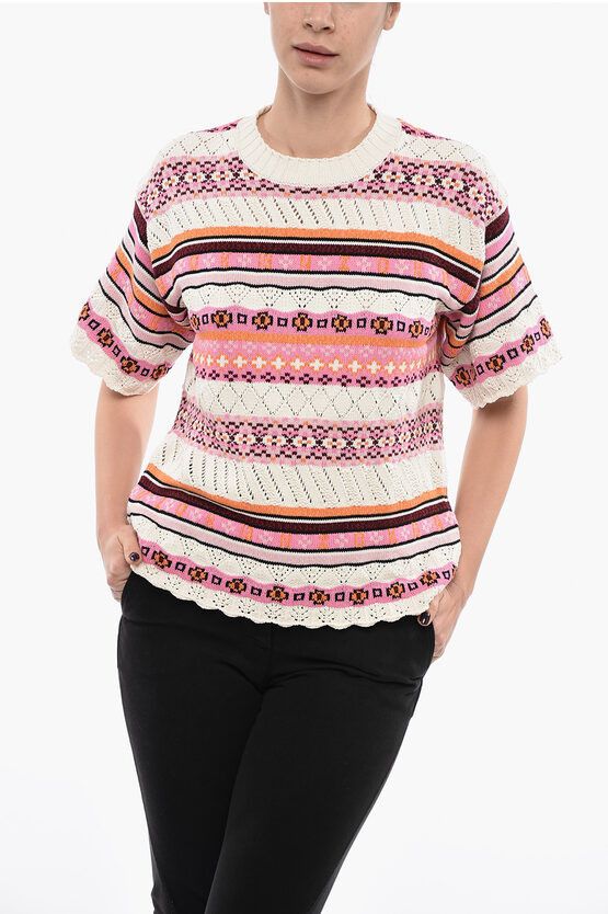 image of Kenzo Short-Sleeved Crochet Sweater With Fairisle Pattern, Women's (Size Medium)