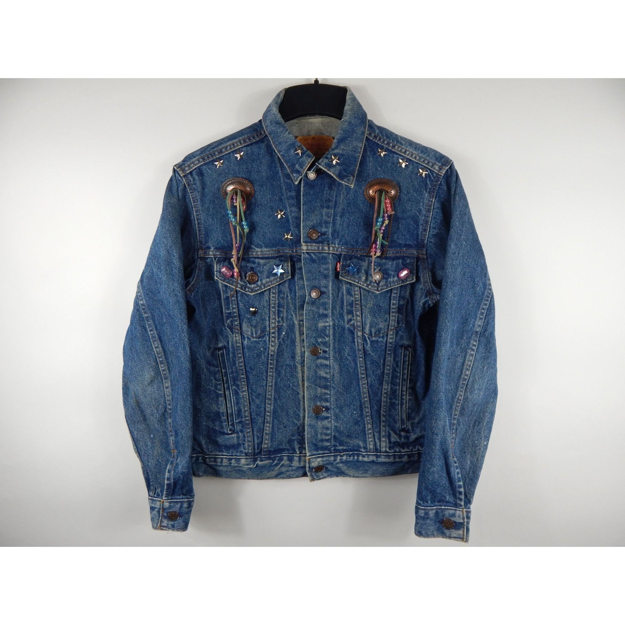 image of Levis Vintage Levi's Button Up Denim Jacket W/ Gems & Fringe Accen in Blue, Women's (Size Small)