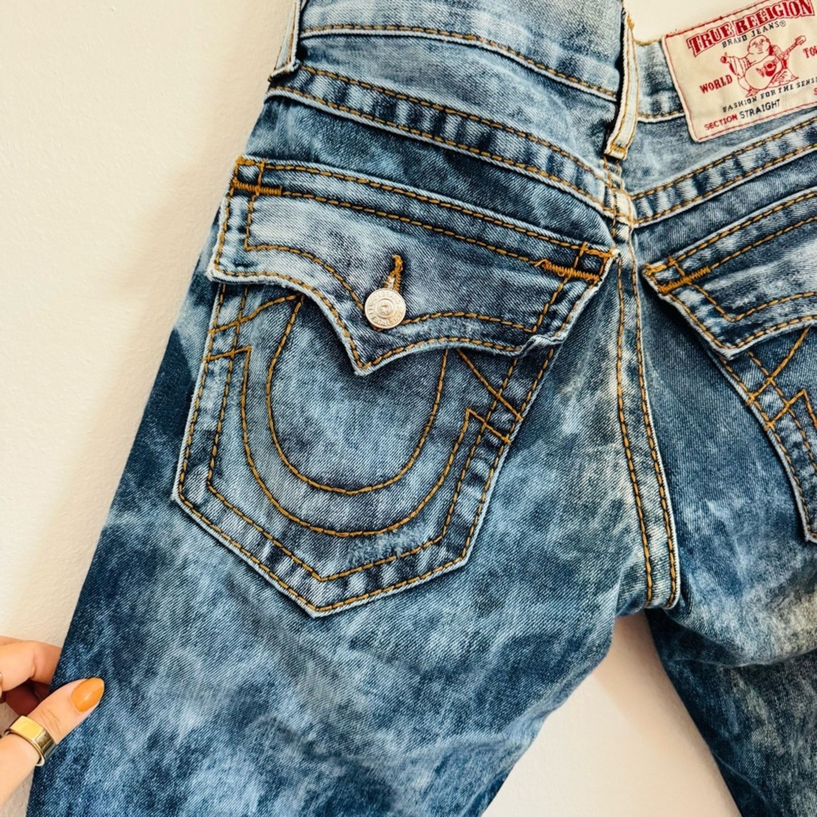 True Religion TRUE RELIGION Blue White Acid Wash Straight Leg Denim Jeans Size US 29 - 7 Thumbnail