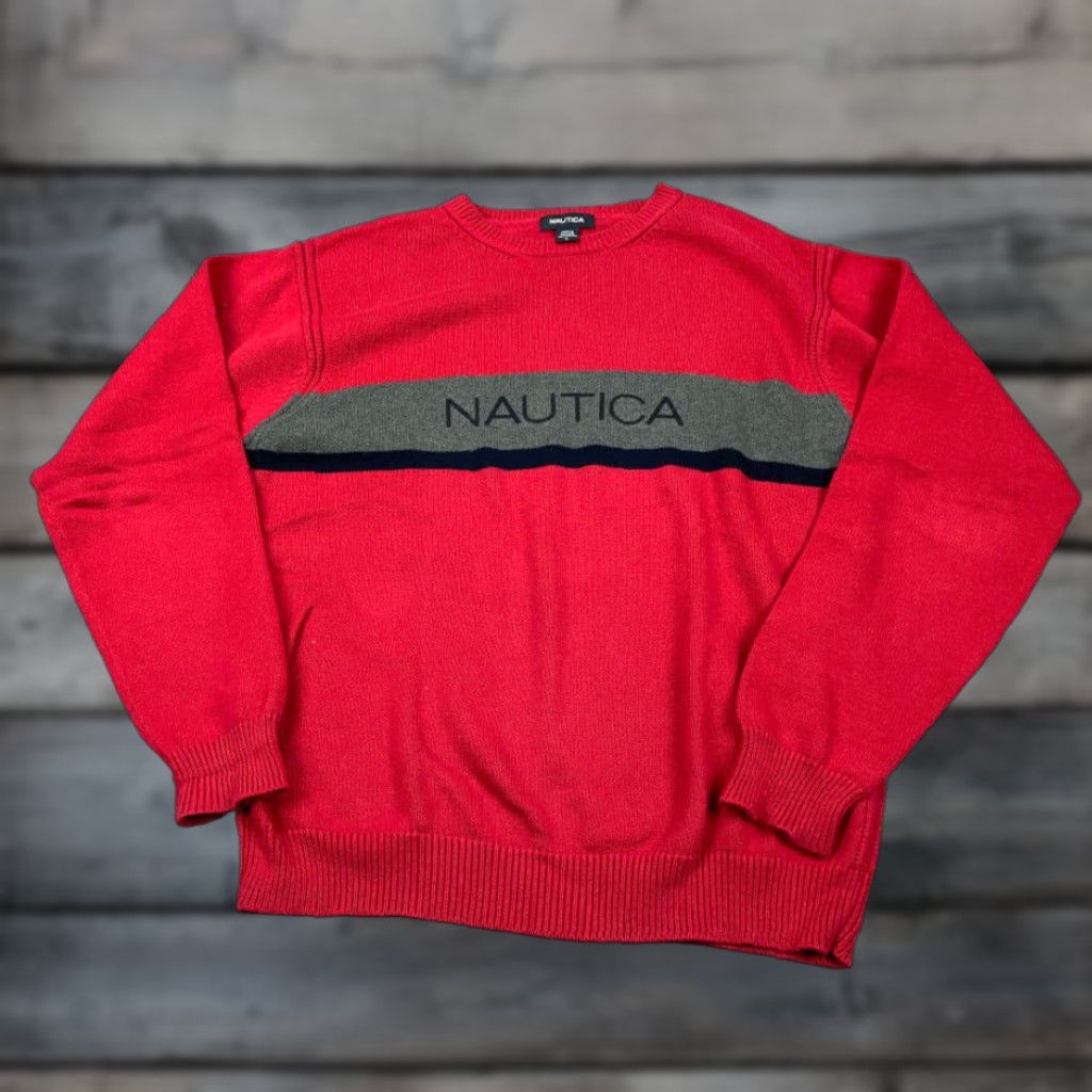 Nautica VINTAGE Nautica Sweater Adult Large Red Gray Spell Out Chunky Knit Cotton Y2K Streetwear Size US L / EU 52-54 / 3 - 1 Thumbnail