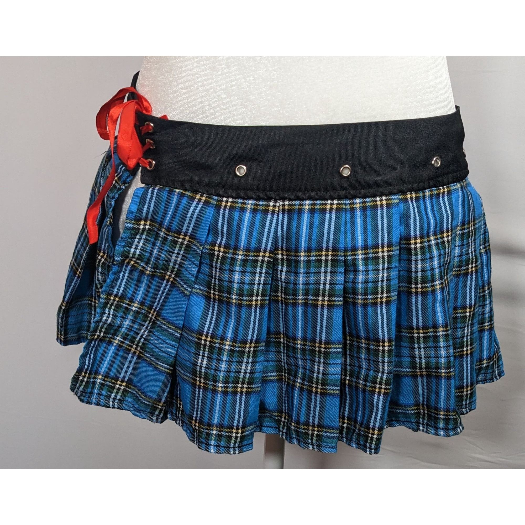 Other Gothic Punk Blue Plaid Pleated Tie On Mini Skirt Size 34" / US 12 / IT 48 - 4 Thumbnail