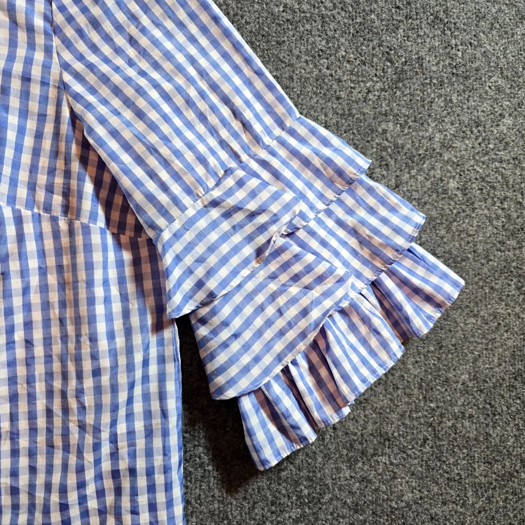 Vintage Sunday In Brooklyn Blouse Shirt Womens Large Blue White Gingham Plaid Cropped Casual 3/4 Sleeve Round Neck Lightweight Easy Care Size L / US 10 / IT 46 - 3 Thumbnail