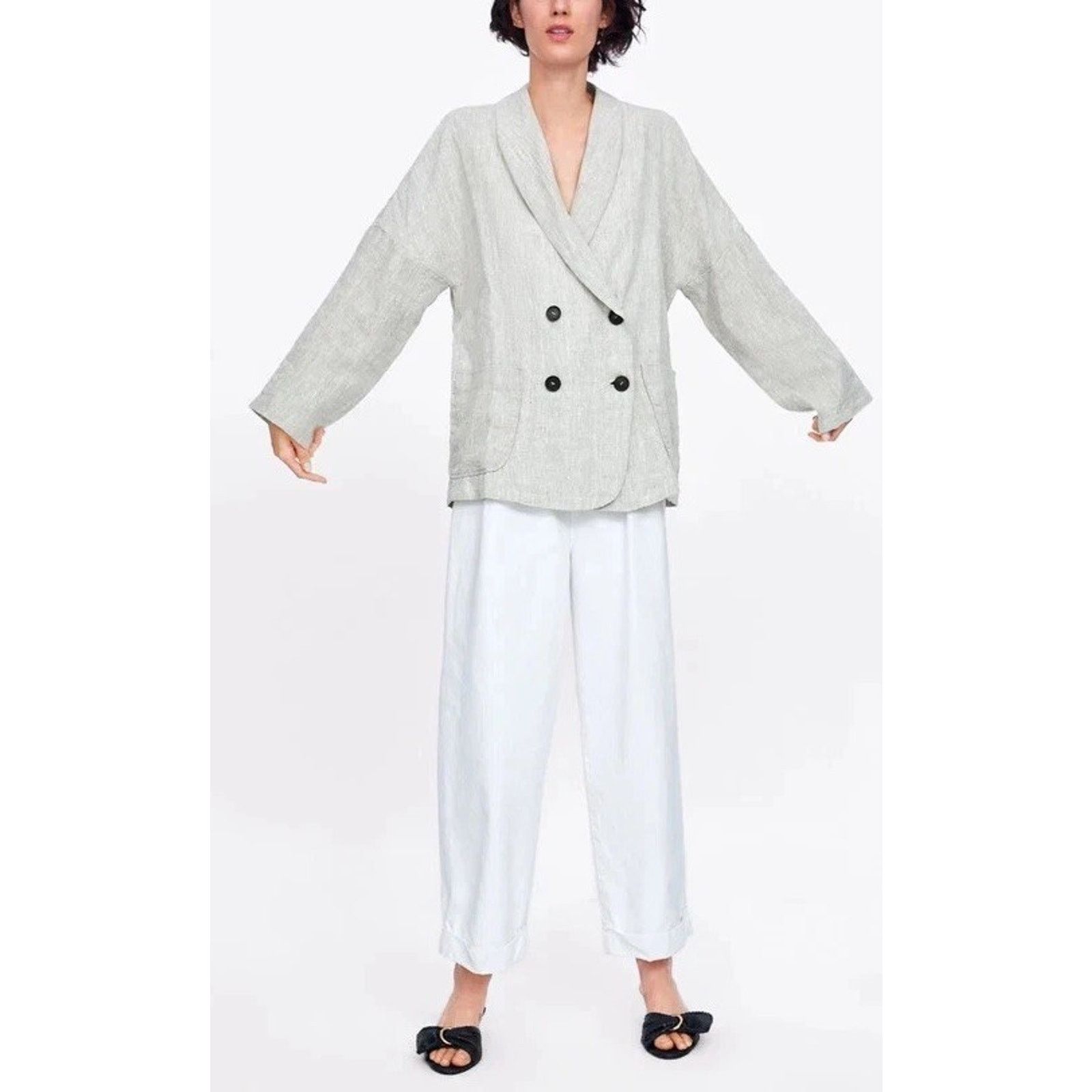 Zara Zara Buttoned Linen Double Breasted Blazer Small A001851 Size S / US 4 / IT 40 - 1 Thumbnail