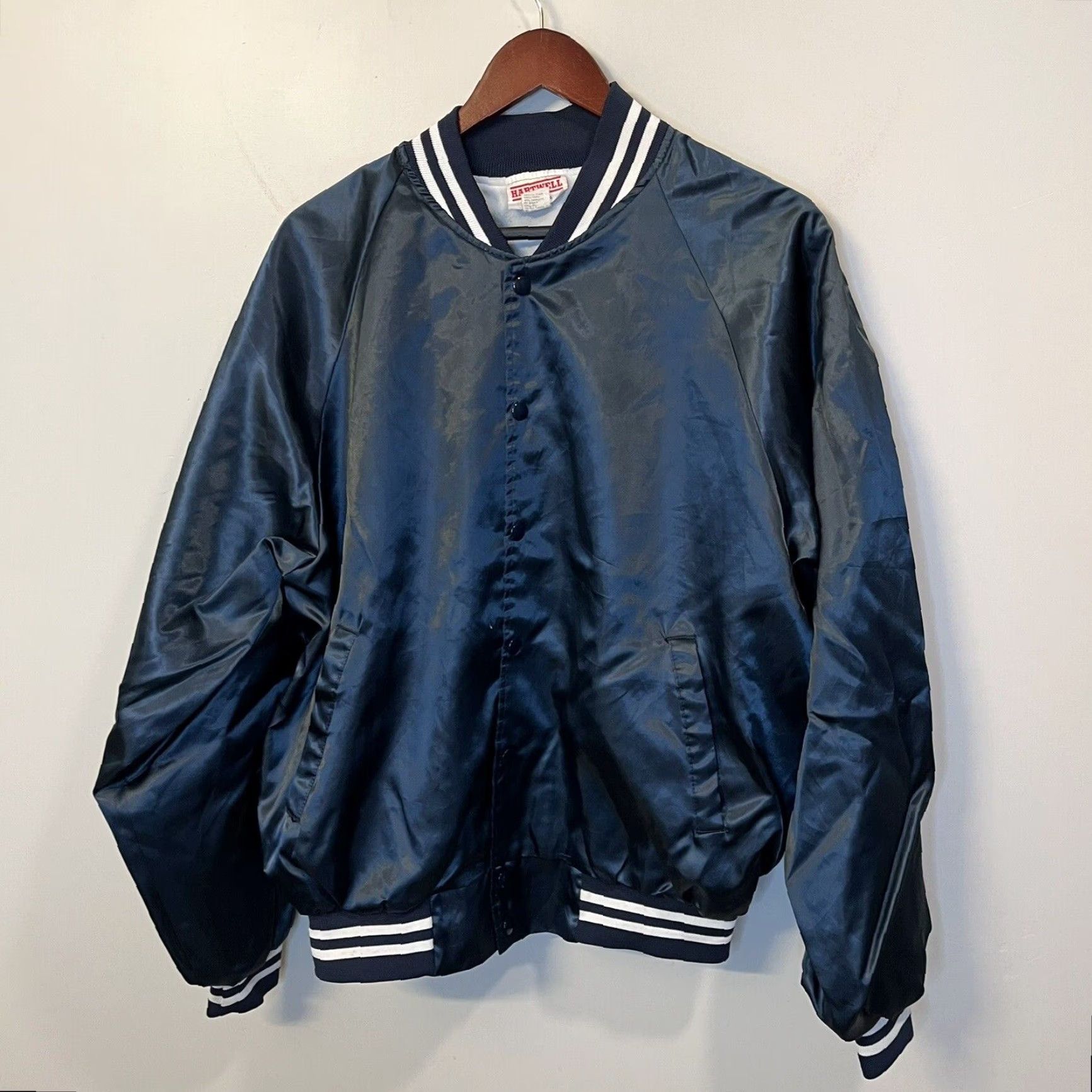 VINTAGE Hartwell Bomber Jacket Bodybuilding OG Gym Workout Made In USA XL Blue 80s 90s Pockets Snap Front Lined Ribbed Collar Cuffs Waistband Mens