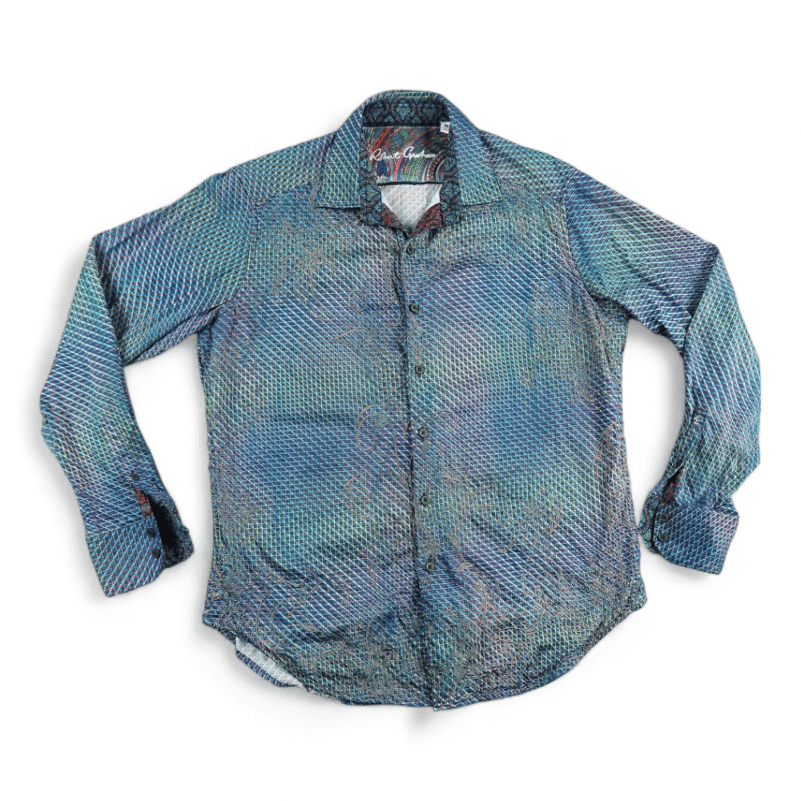 Robert Graham Blue Green White cheapest Plaid Paisley Cuff button Down Shirt