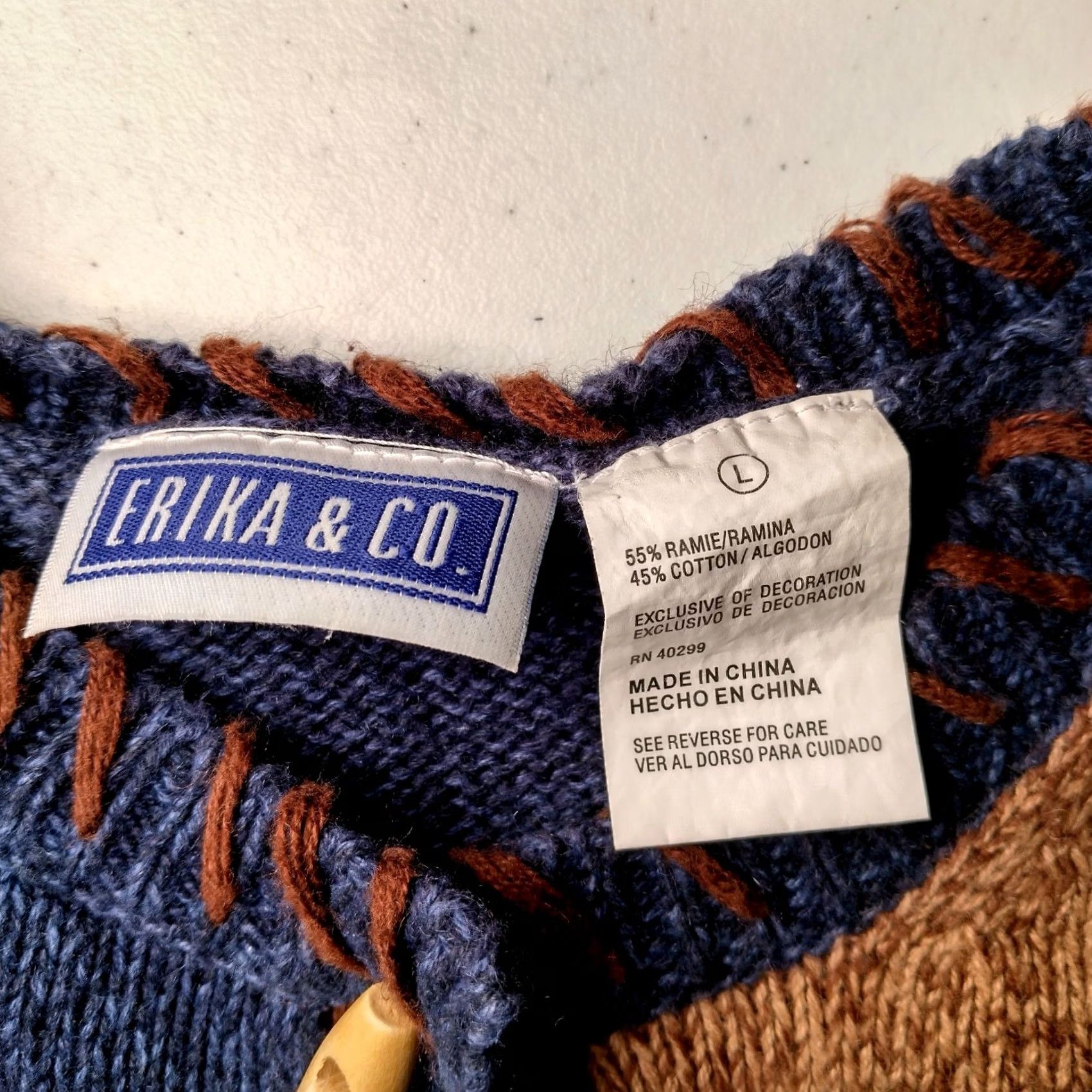 CO VINTAGE Erika And Co Cardigan Sweater Women L Patchwork Blue Brown Fall Leaves Leaf Size L / US 10 / IT 46 - 6 Thumbnail