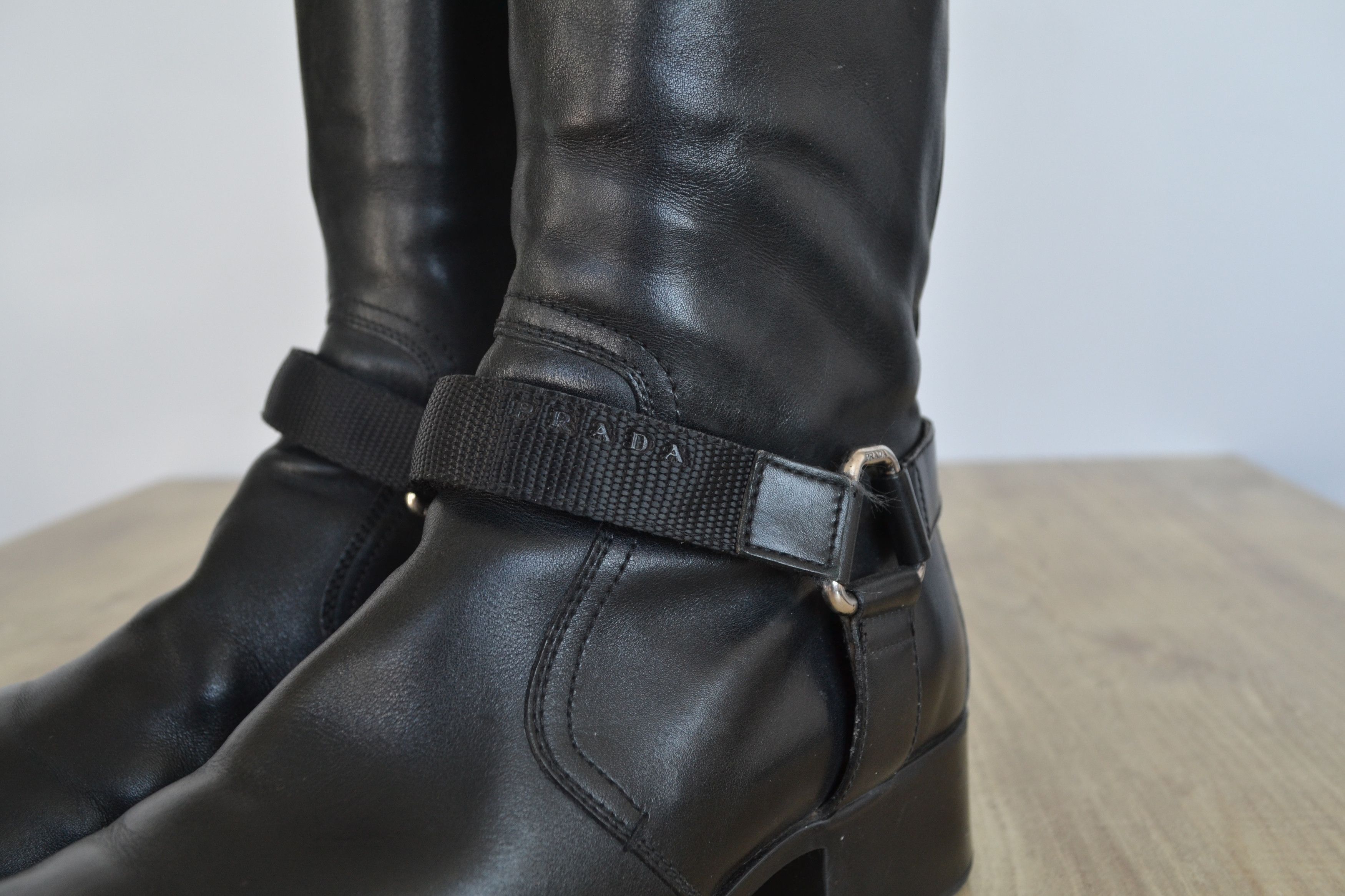 Prada PRADA Boots Logo Belt Biker Moto Zip Tall Shoes Black Size US 7 / IT 37 - 2 Thumbnail