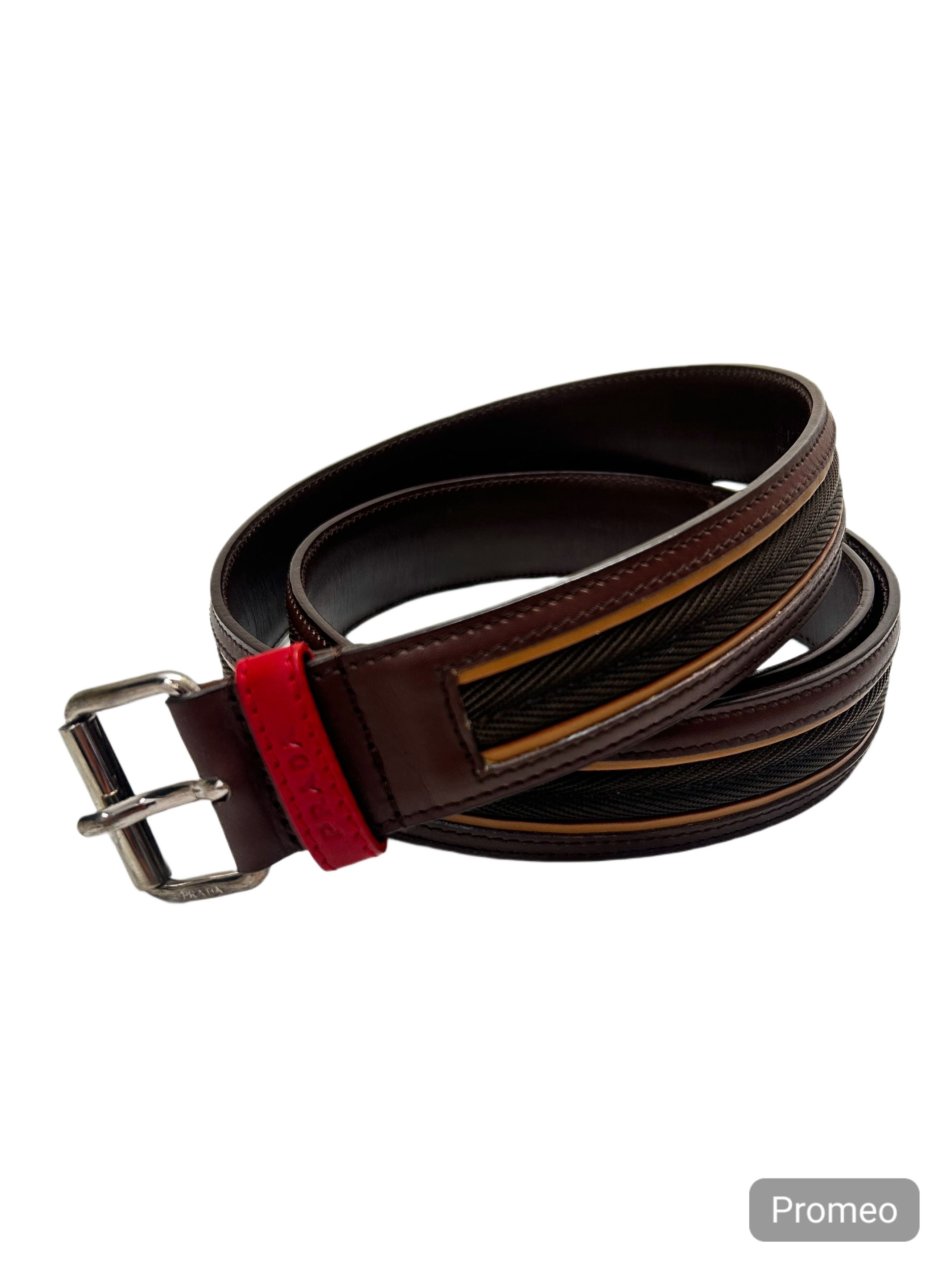 Prada Prada LineaRossaBrownGrainLeatherNotchBuckleBelt With Fabric Size 38 - 4 Thumbnail