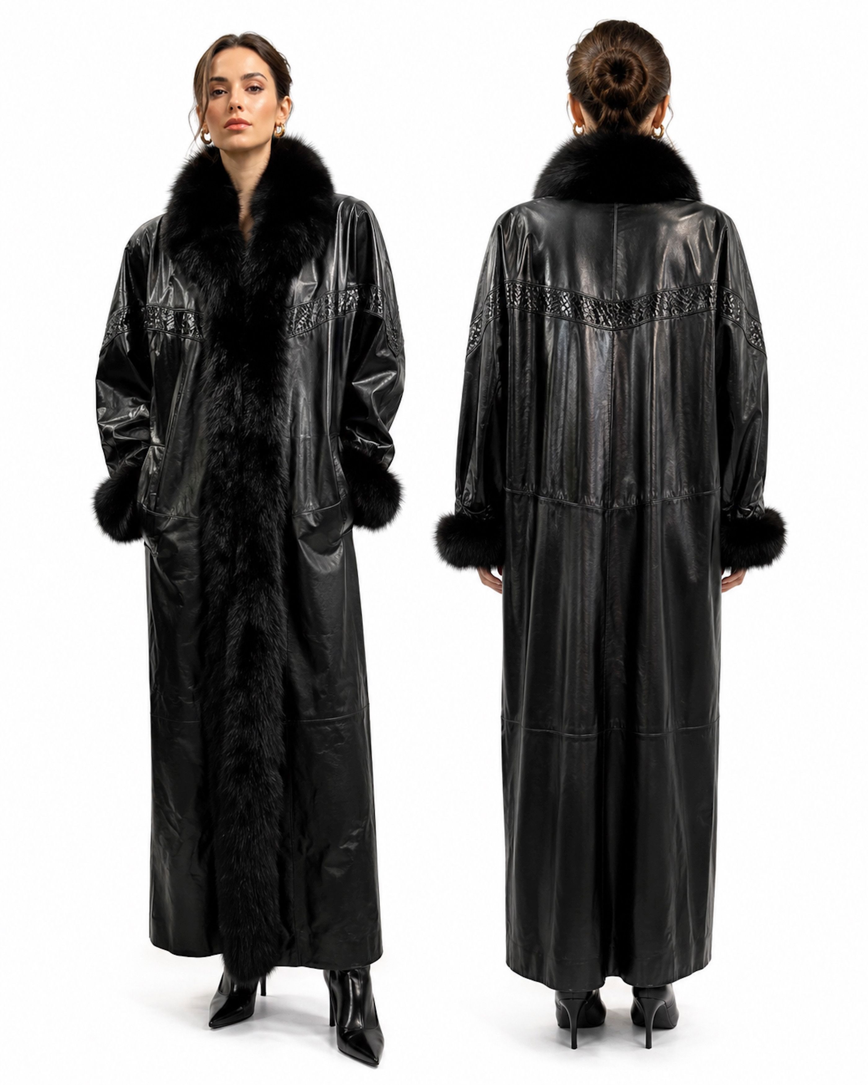 Genuine Leather 80s Leather & Fox Fur Full Length Coat w Genuine Snakeskin Size ONE SIZE - 1 Thumbnail