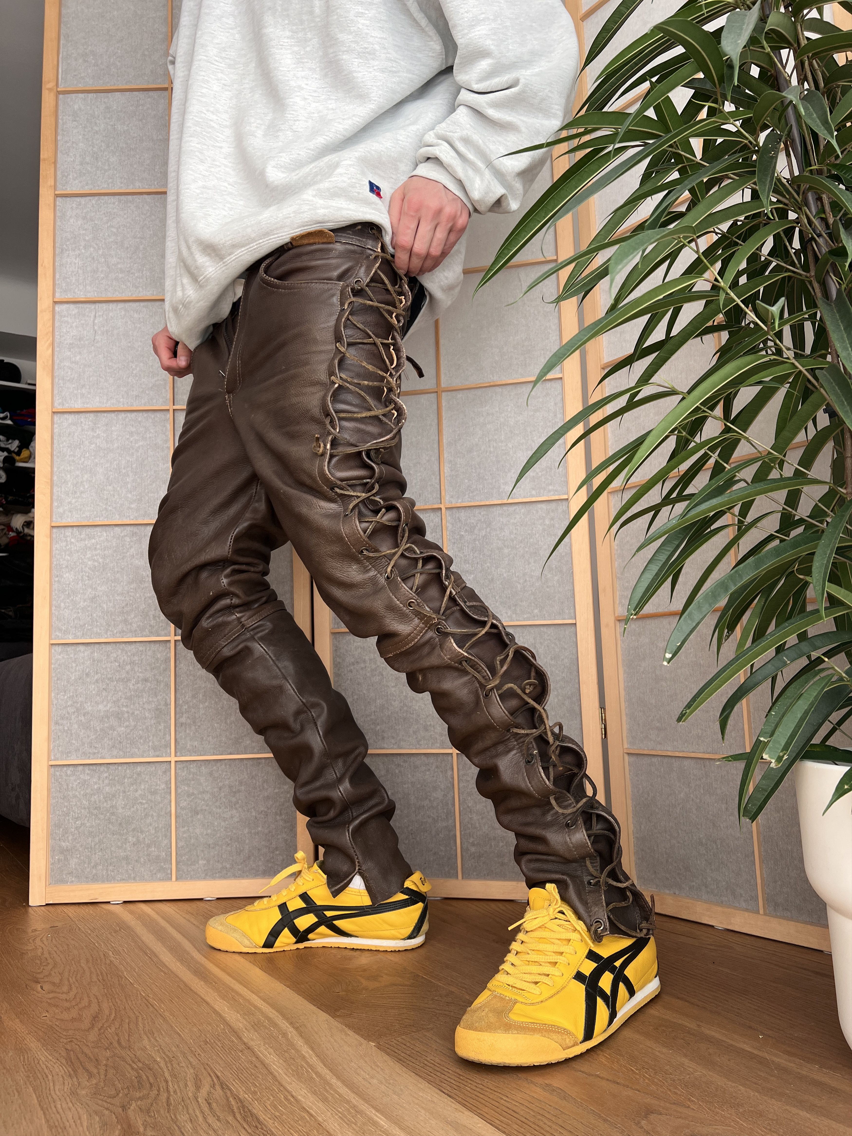 Genuine Leather Crazy! Cowboy core lace up leather pants opium avant garde S Size US 29 - 2 Thumbnail