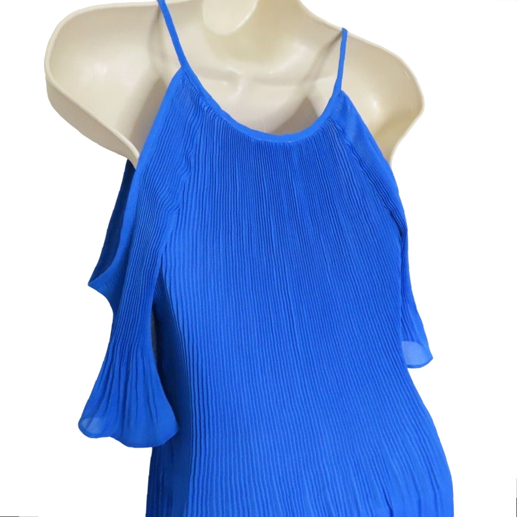 Vintage Spense Womens Medium Solid Blue Pleated Cold Shoulder Hi Low Blouse Shirt Work Size M / US 6-8 / IT 42-44 - 6 Thumbnail