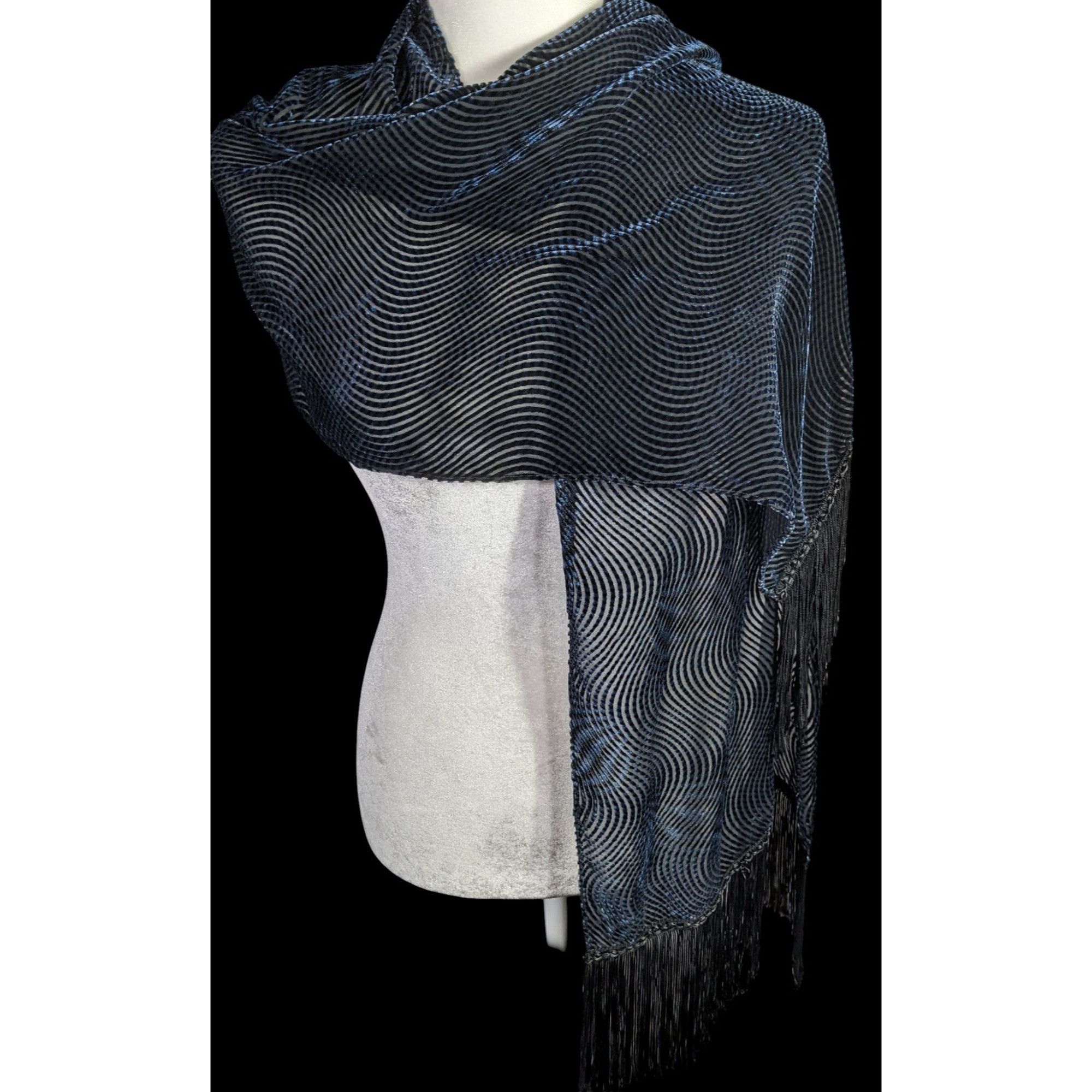 Other Joann Chaimson Blue Burnt Velvet Fringe Scarf Wrap 60x14 Inc Size ONE SIZE - 1 Thumbnail