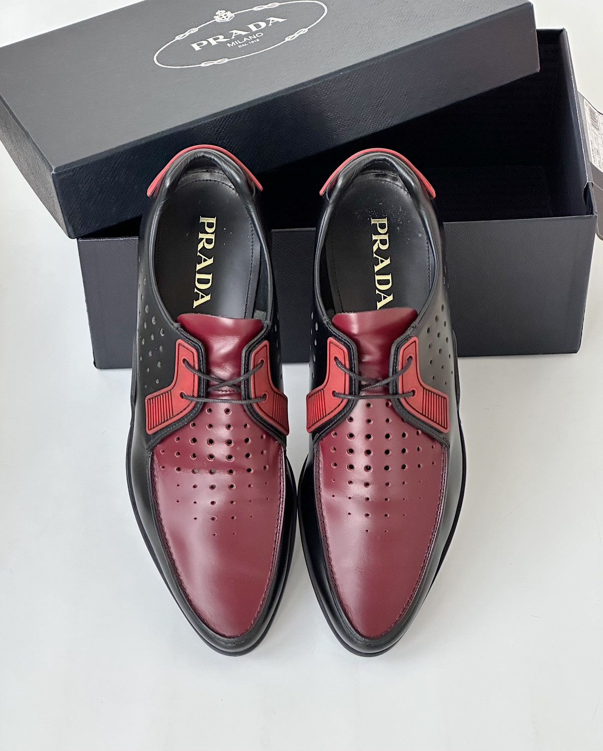 Prada $850 Ss2018 Tech Leather Derby Shoes Boots Rap Runway in Red, Men's (Size 10.5)
