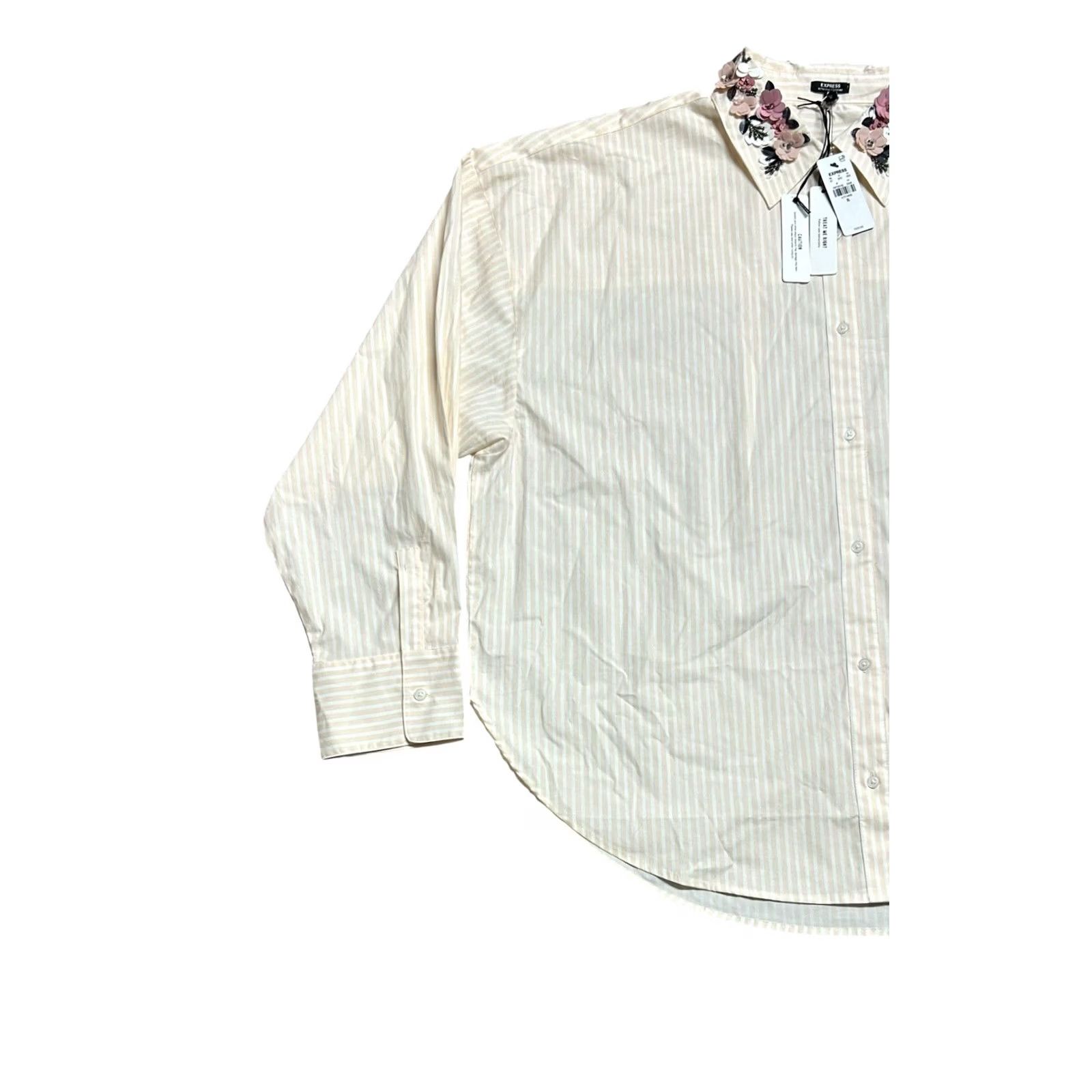 Express NWT Express Oversized Pink Stripe Button Down W/Floral Collar Detail Sz Medium Size M / US 6-8 / IT 42-44 - 3 Thumbnail