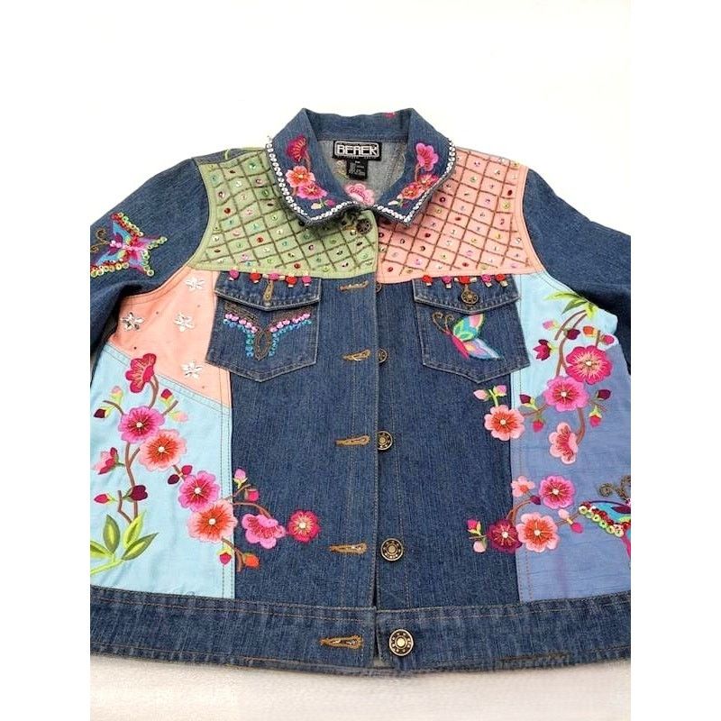 Japanese Brand Vintage Berek2 Floral Butterfly Embroidered Jean Jacket Size M / US 6-8 / IT 42-44 - 4 Thumbnail