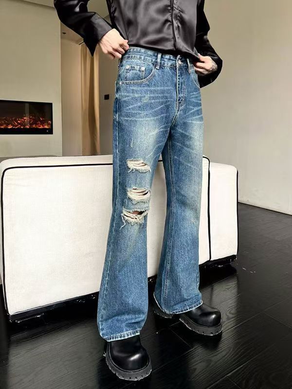 Jean American retro blue distressed loose ripped flared jeans Size US 32 / EU 48 - 2 Thumbnail