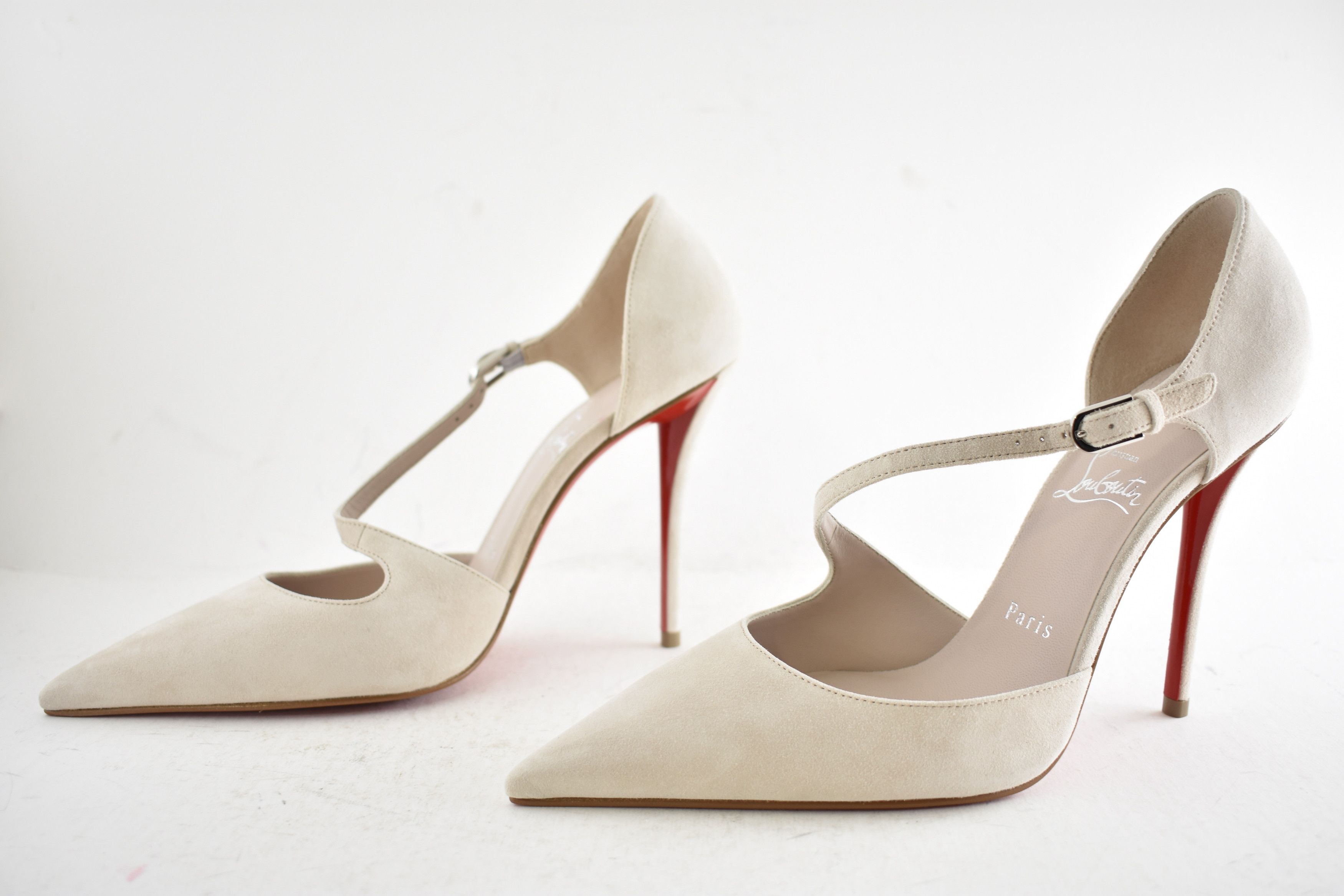 Christian Louboutin Miss Ziggyta 100 Pearl Beige Suede Strap Heel Pump 39.5 Size US 9.5 / IT 39.5 - 19 Thumbnail