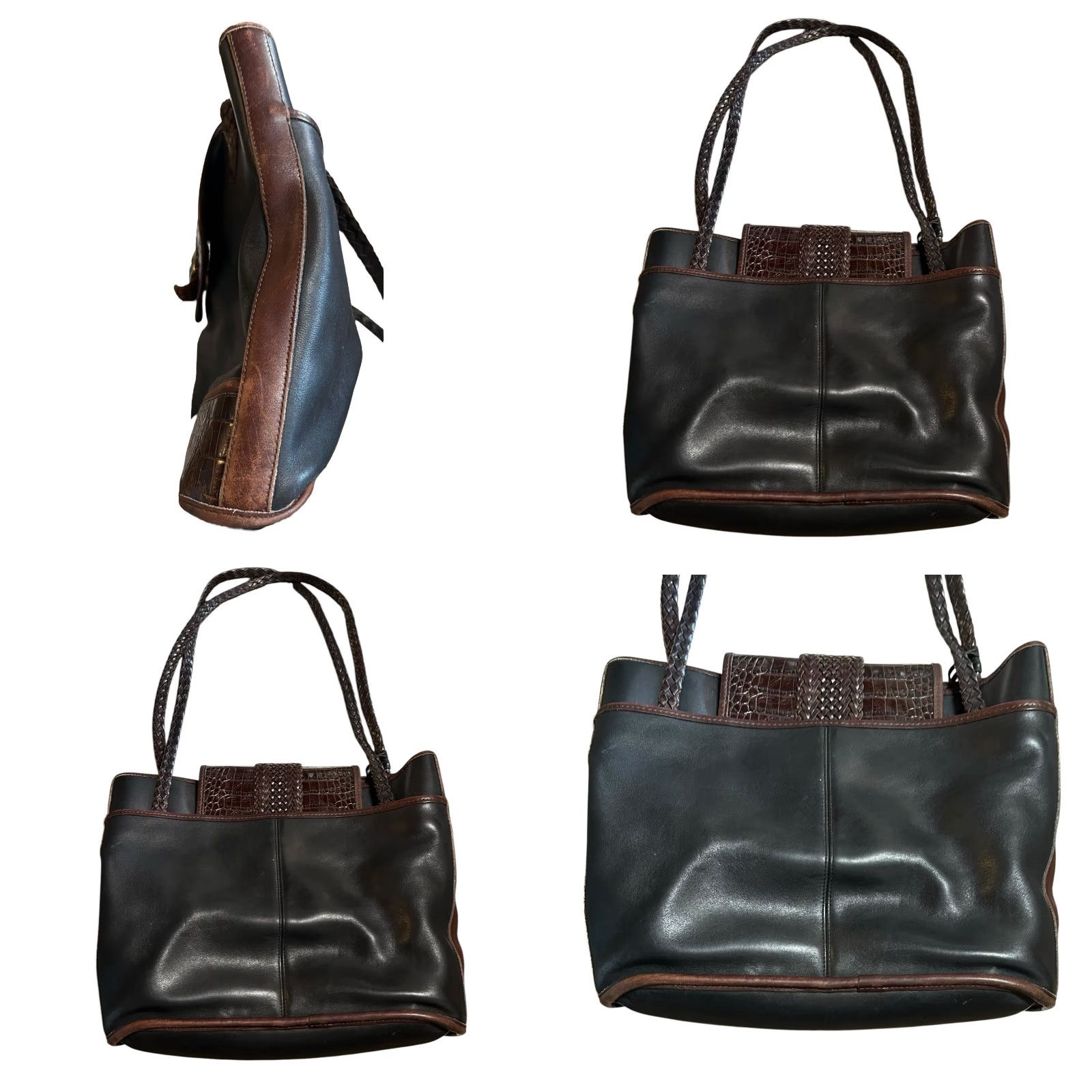 Brighton VINTAGE Brighton Queen of Love Croc Leather Shoulder Bag Tote Purse Black Brown Women’s Bag Charm Silver Hardware 12in 12in Size ONE SIZE - 9 Thumbnail