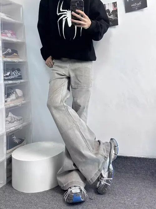 image of Vintage Washed Distressed Patchwork Jeans in Desert Color, Men's (Size 32)