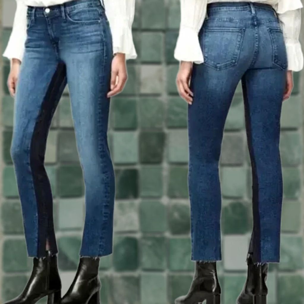 Frame FRAME DENIM Le High Straight Jeans Women 25 Elaine Split Frayed Hem Designer Jeans Women 25 Blue Cotton Blend Helms City Preppy Size 42" / US 20 - 1 Thumbnail