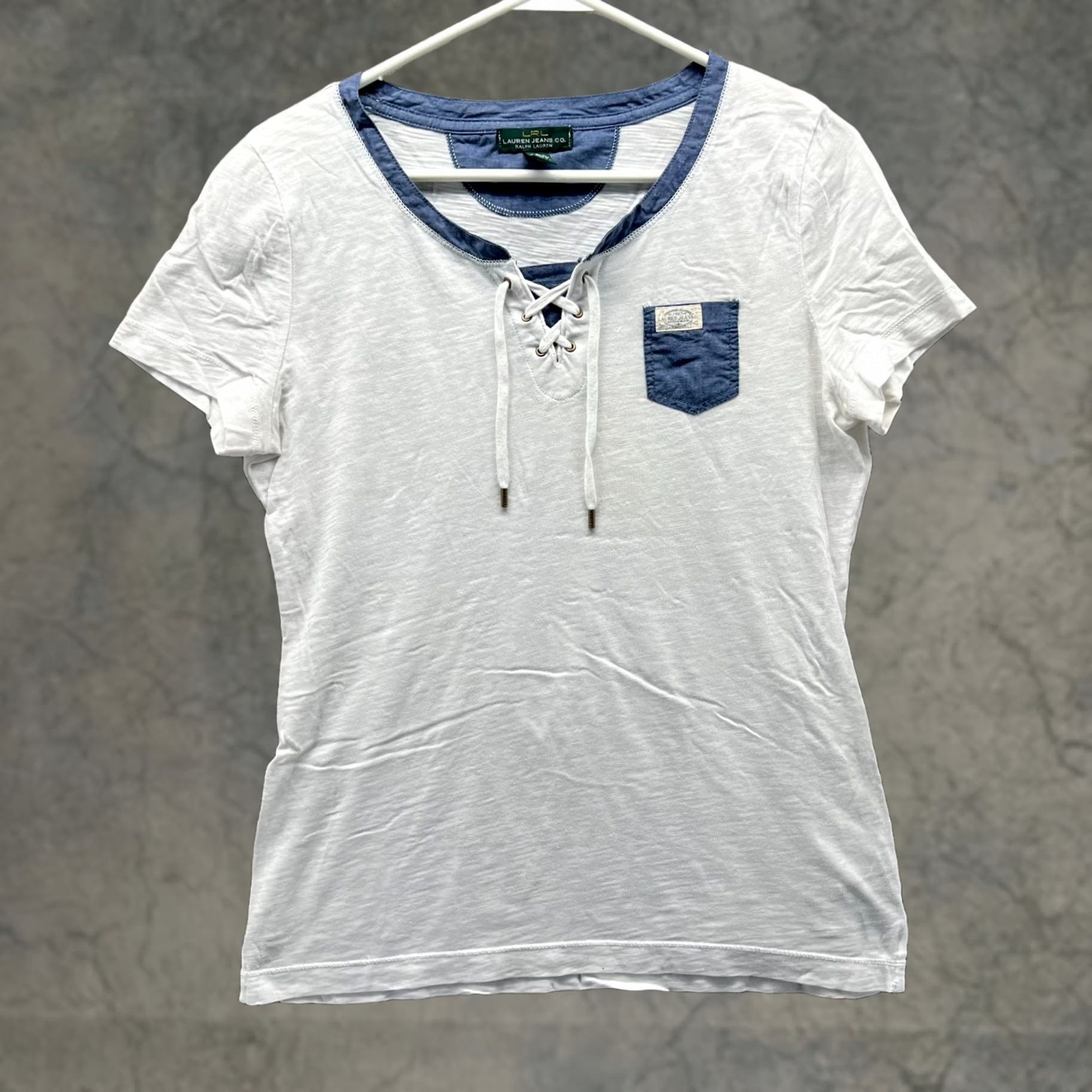 Ralph Lauren Ralph Lauren Shirt Womens Small White Blue Lace Up Pocket Cotton LRL Denim Shirt, Women, White, Small, Casual, Short Sleeve, Button Size S / US 4 / IT 40 - 1 Thumbnail