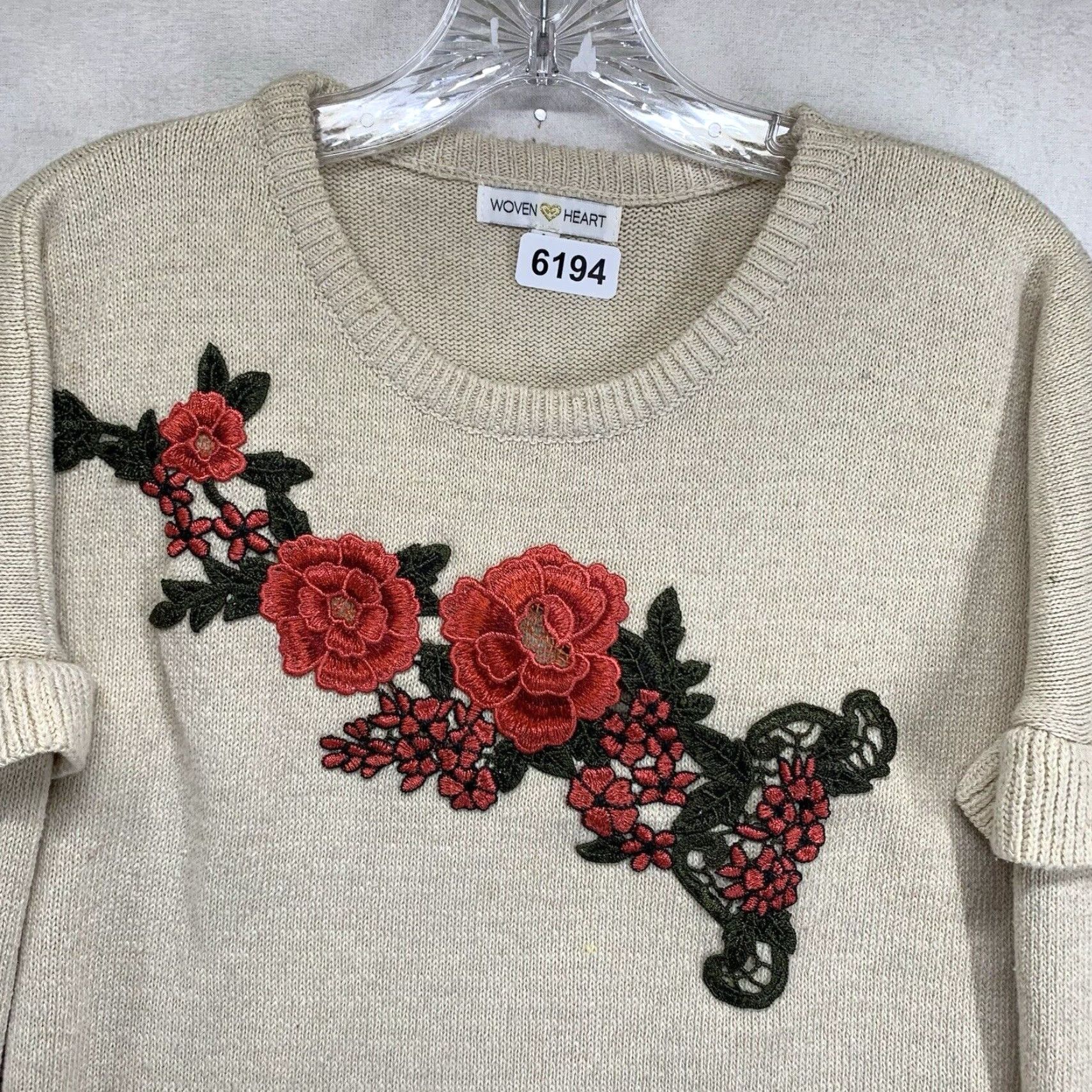 Vintage Woven Heart Women's Sweater Large Floral Embroidered Ruffle Sleeve Cropped All Seasons Bohemian Size L / US 10 / IT 46 - 4 Thumbnail