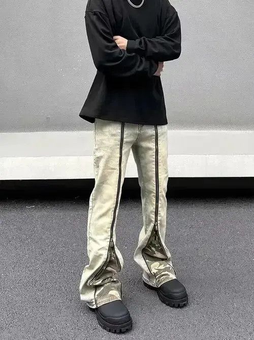 Y2K Zipper Camouflage Spliced Slim Flare Jeans